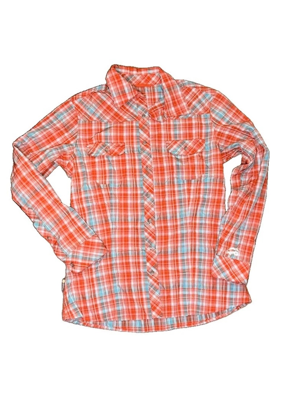 Cabela's XPG Women’s S Orange Teal White Plaid Button Front Shirt Insect Defense